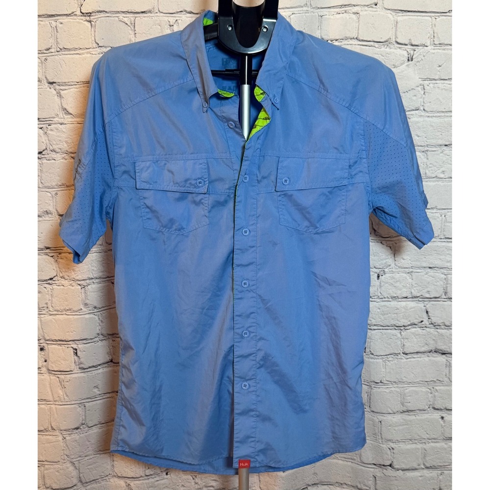 Huk Fishing Mens Short Sleeve Button Down Shirt Blue Performance Size M